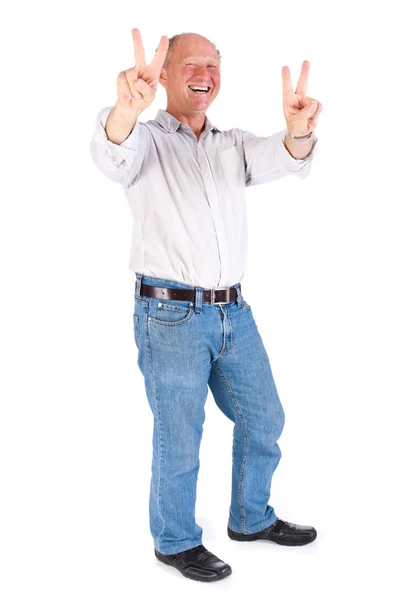 Portrait of old man showing victory sign — Stock Photo, Image