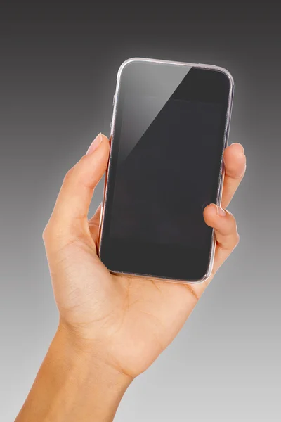 La mano de la mujer con un teléfono móvil 3D brillante —  Fotos de Stock