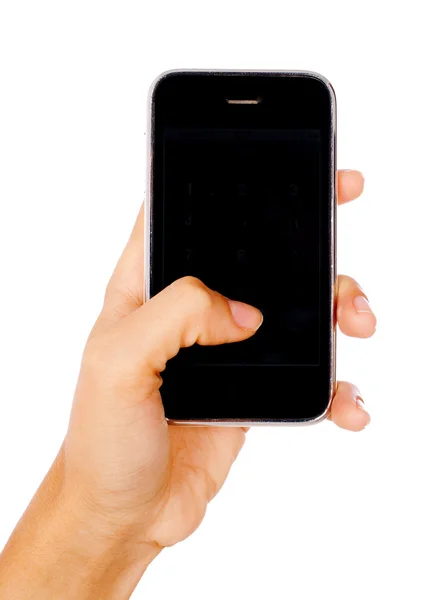 Женщина рука держит мобильный телефон — стоковое фото