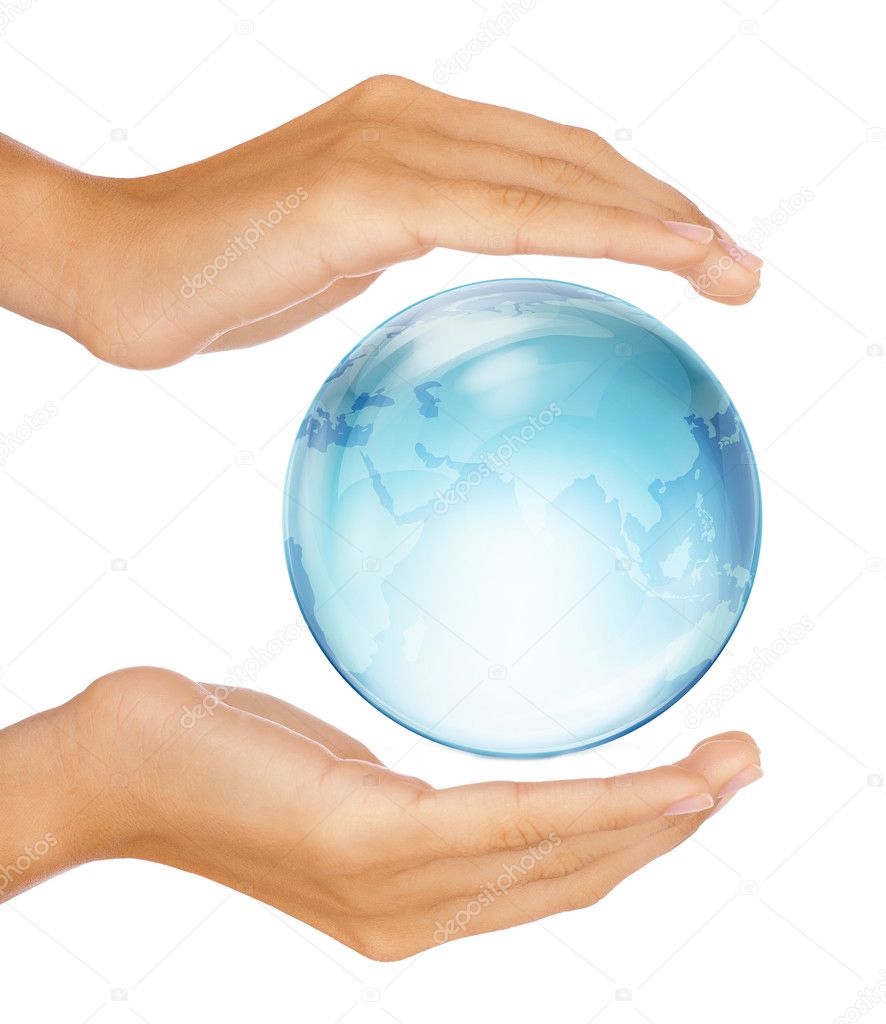 Hands preserving half earth globe isolated on white