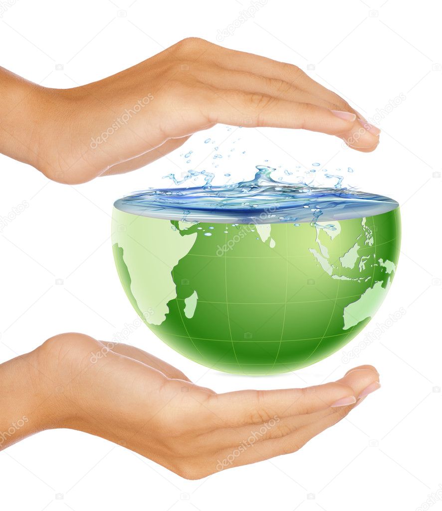 Hands around half earth globe with water splashing