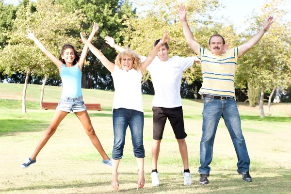 Salto em família com braços levantados amplamente espalhados — Fotografia de Stock