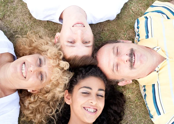 Счастливая семья из четырех человек на траве — стоковое фото