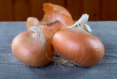 Onions and peel on a table clipart