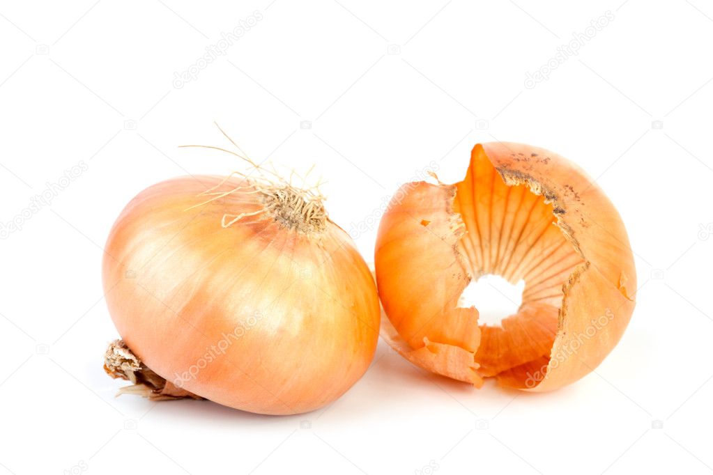 Yellow onions with a peel isolated