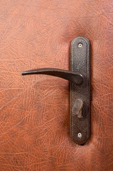 De greep op gemonteerd door een deur van leder — Stockfoto