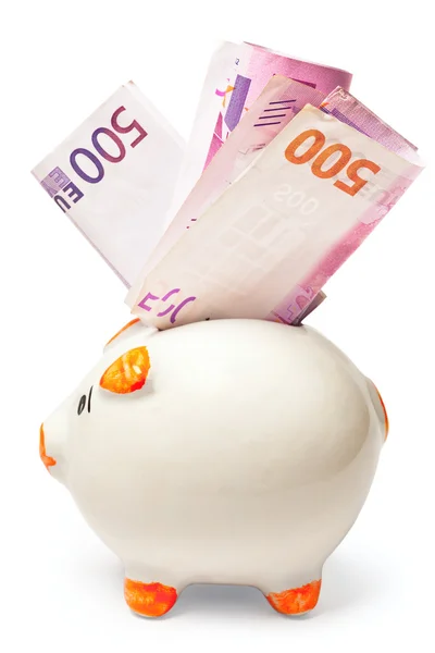Hucha blanca rellena de euros —  Fotos de Stock