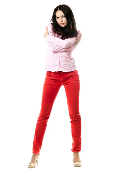 Attraente giovane bruna in camicia rosa — Foto Stock