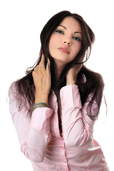 有魅力的年轻女人穿粉红色衬衫的肖像 — 图库照片