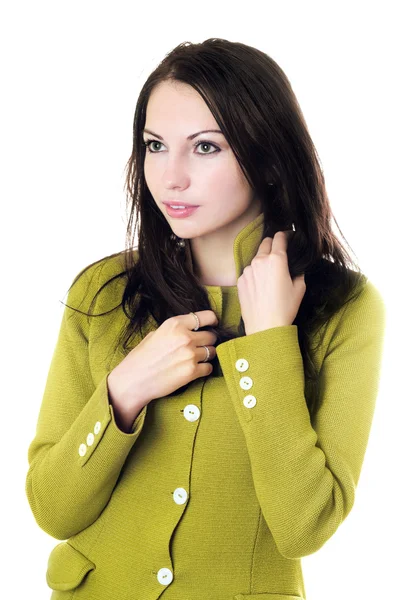 Pretty woman in yellow knitted jacket — Stock Photo, Image