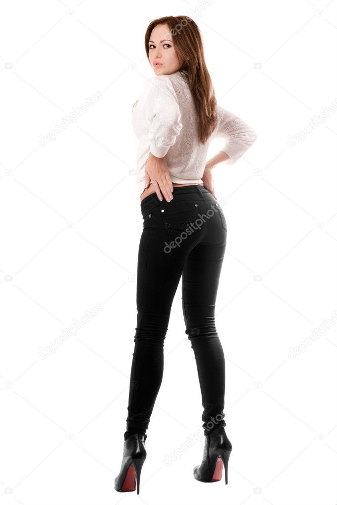 Sexy beautiful girl in black tight jeans — Stock Photo © acidgrey #5525528