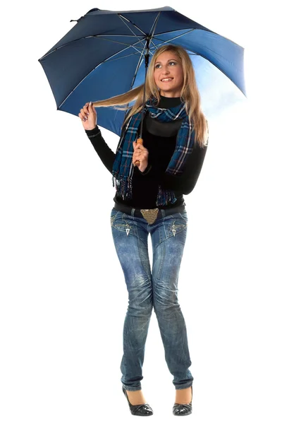 Beautiful playful blonde with blue umbrella — Stock Photo, Image