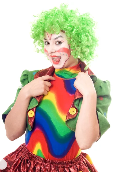 Porträtt av kvinnlig clown visar tungan — Stockfoto