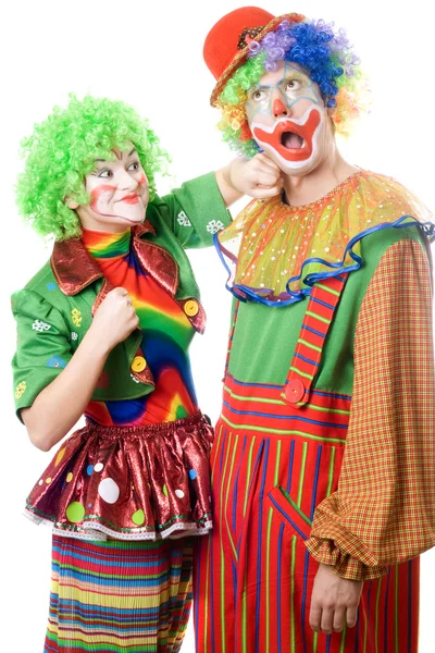Female clown punching clown — Stock Photo, Image