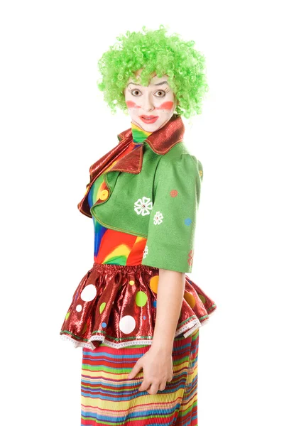Porträtt av en förvånad kvinnlig clown — Stockfoto