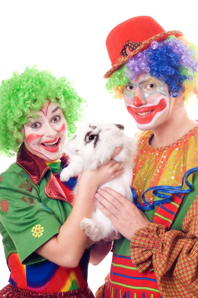 Deux clowns joyeux avec un lapin blanc — Photo