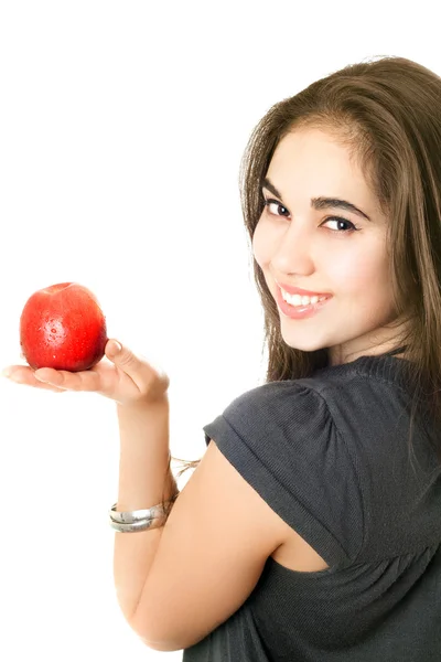 Радостная девушка с яблоком — стоковое фото
