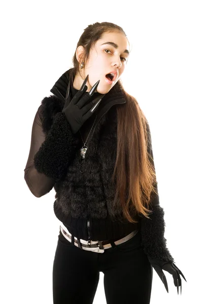 Portrait of pretty young brunette in gloves — Stock Photo, Image