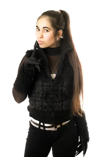 Portrét atraktivní mladá bruneta v rukavicích — Stock fotografie