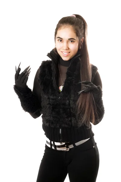 Portrait of happy young brunette in gloves — Stock Photo, Image