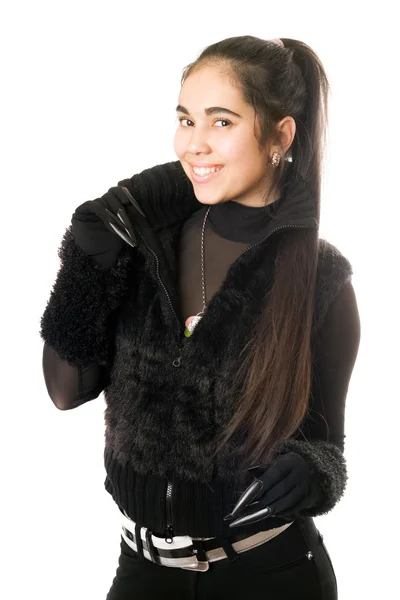 Portrait of playful young woman in gloves — Stock Photo, Image