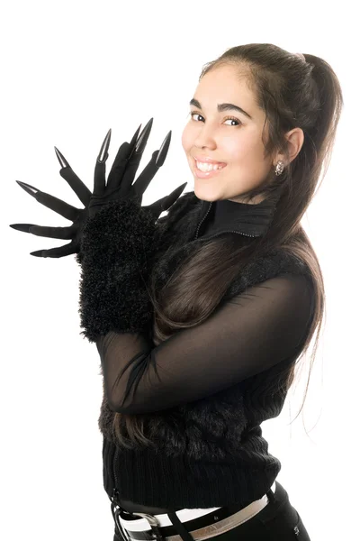 Portrait of cheerful young woman in gloves — Stock Photo, Image
