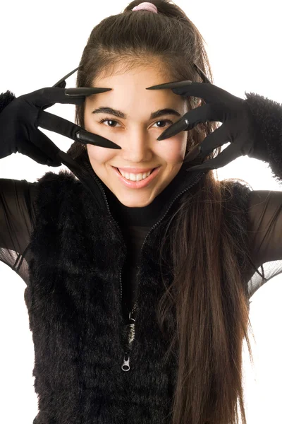 Portrét smějící se mladá žena v rukavicích — Stock fotografie