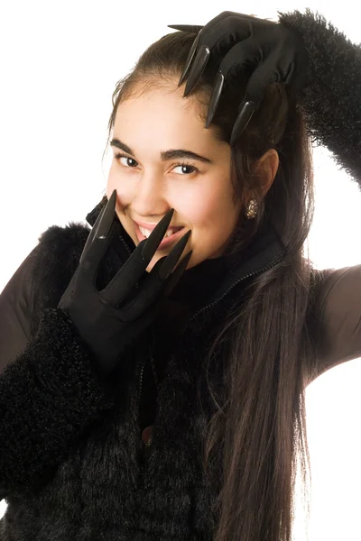 Portrét radostné mladé ženy v rukavicích — Stock fotografie