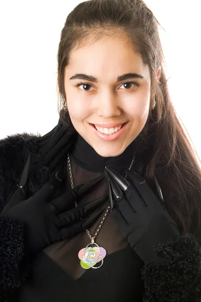 Porträtt av leende flicka i handskar — Stockfoto