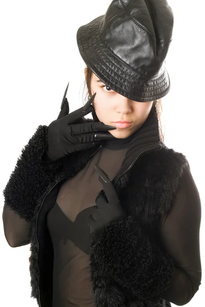 Portrait of attractive girl in gloves with claws — Stock Photo, Image
