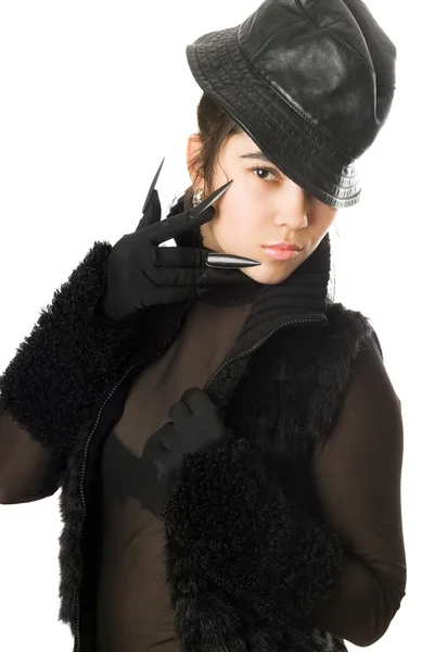 Portret van mooi meisje in handschoenen met klauwen — Stockfoto