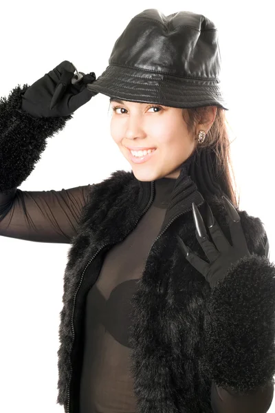 Portrait of smiling girl in gloves with claws — Stock Photo, Image