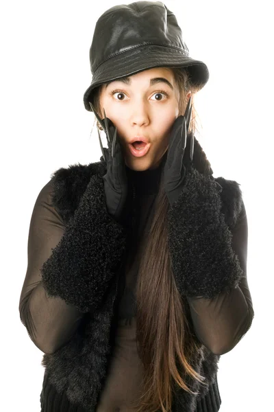 Portret van verrast meisje in handschoenen met klauwen — Stockfoto