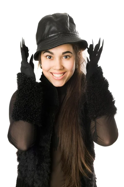 Portrait of cheerful girl in gloves with claws. Isolated — Stock Photo, Image