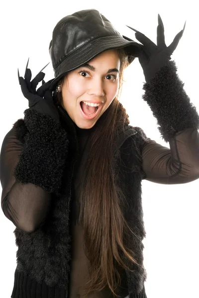 Cheerful girl in gloves with claws. Isolated — Stock Photo, Image