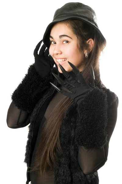Χαμογελαστό κορίτσι στα γάντια με νύχια. απομονωμένη — Φωτογραφία Αρχείου