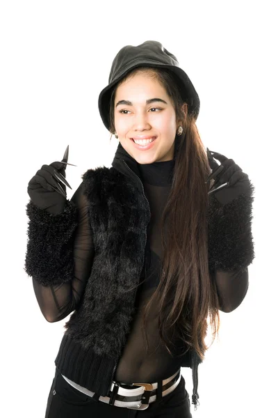 Glad flicka i handskar med klor. isolerade — Stockfoto