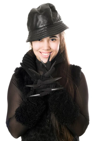 Portret van lachende jonge brunette in handschoenen met klauwen — Stockfoto