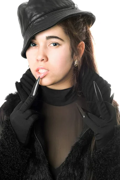 Portrait of pretty young brunette in gloves with claws — Stock Photo, Image