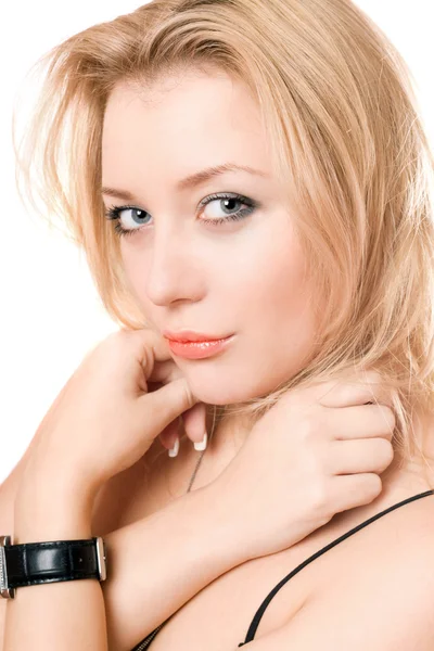 Zbliżenie portret figlarny atrakcyjna blondynka — Zdjęcie stockowe