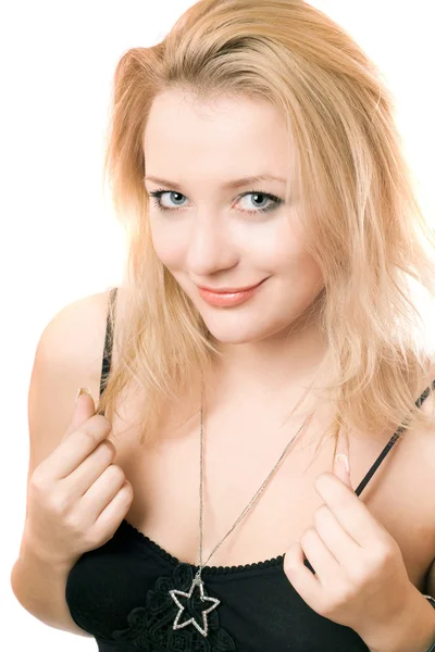 Detailní portrét usměvavá Mladá blondýnka — Stock fotografie