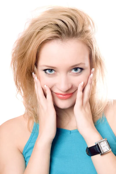 Zbliżenie portret uśmiechający się atrakcyjna blondynka — Zdjęcie stockowe