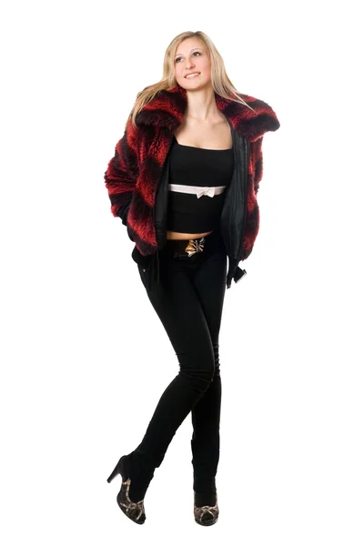 Felice giovane donna bionda in una giacca di pelliccia — Foto Stock