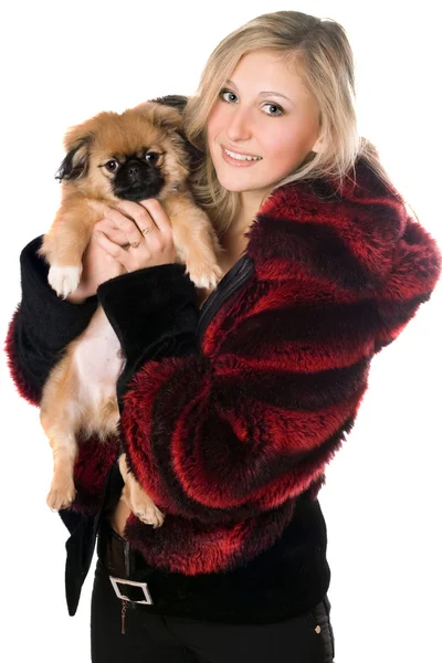 Blonďatá žena držící štěně pekingský — Stock fotografie