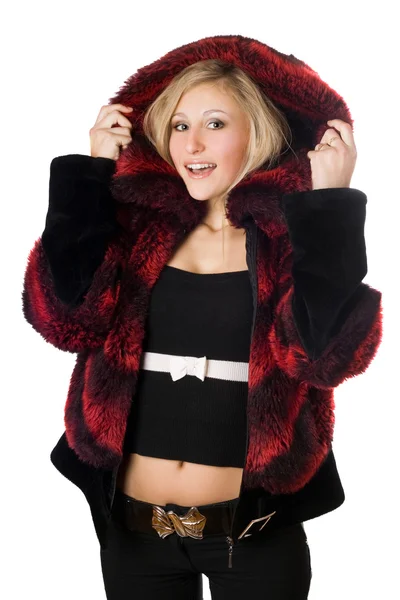 毛皮のジャケットで陽気な金髪の女性 — ストック写真