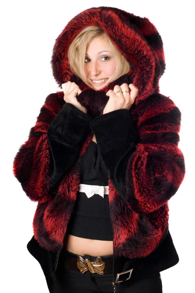 Glada blond kvinna i päls jacka — Stockfoto
