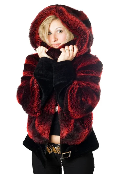 Portrait of smiling blond woman in fur jacket — Stock Photo, Image