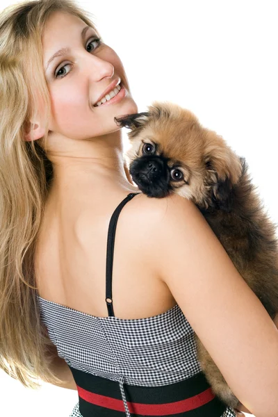 Portrait of woman and puppy — Stock Photo, Image