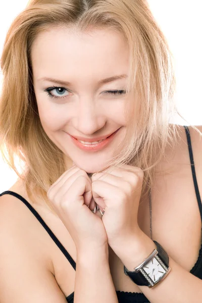 Närbild porträtt av en glad ung blondin Stockbild