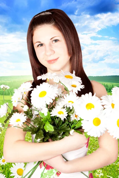Young Woman Hugging Flowers — Stock Photo, Image